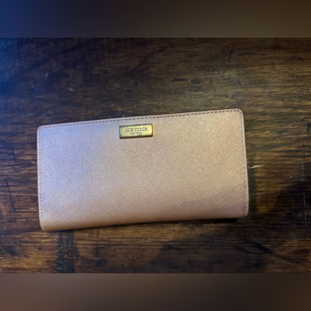 kate spade Metallic Rose Gold Long Wallet with Logo Plaque